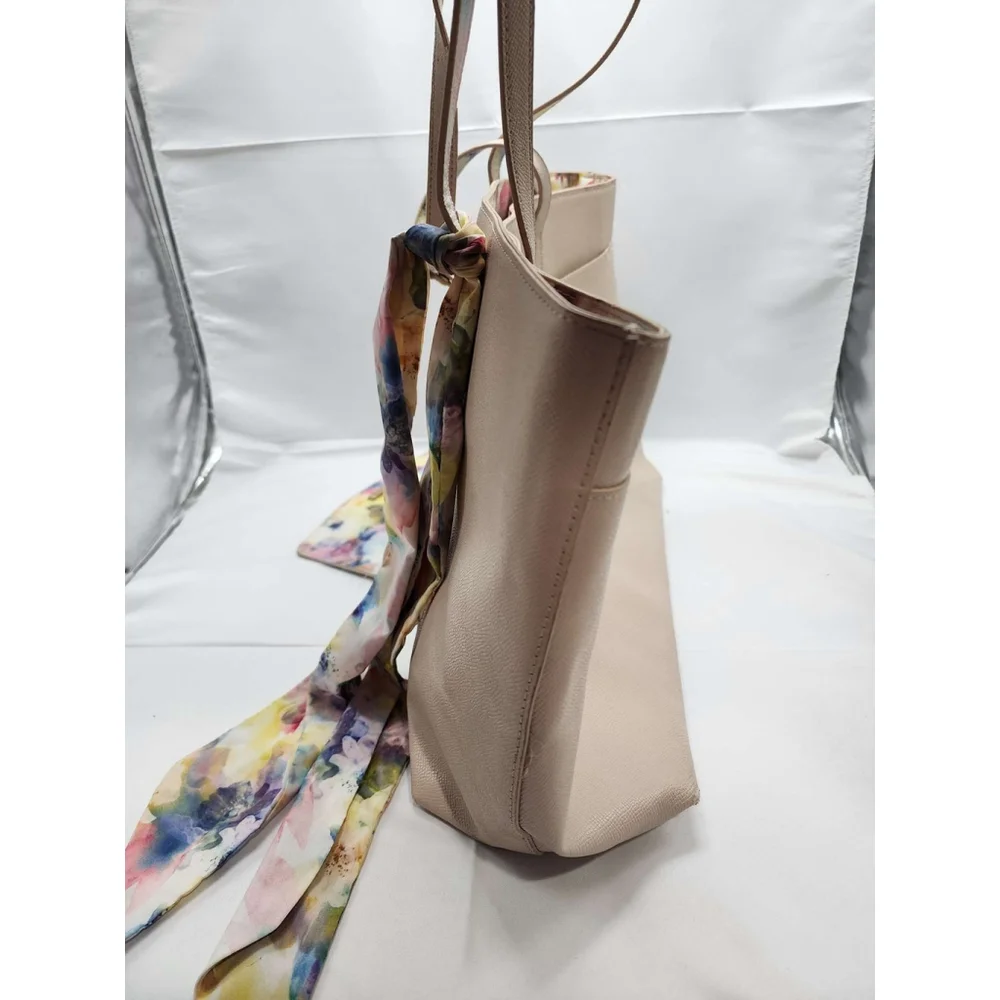 Betsey Johnson Tote Bag with Matching Wallet Floral Scarf Detail Nude Tan Used